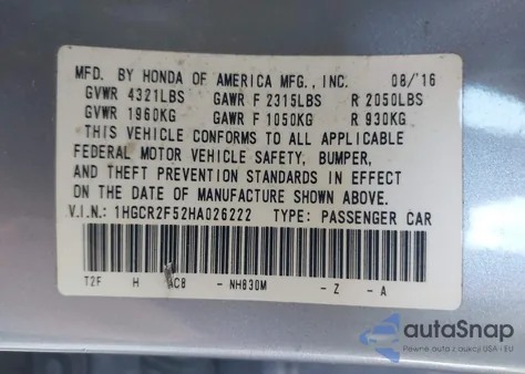 2017 Honda Accord Sport from USA, damaged, VIN 1HGCR2F52HA026222